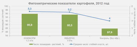 Влияние препаратов ЮНИФОРМ и КВАДРИС на результативность заражения листьев P. infestans, ВНИИФ, 2012 г. график фитометрических показателей картофеля